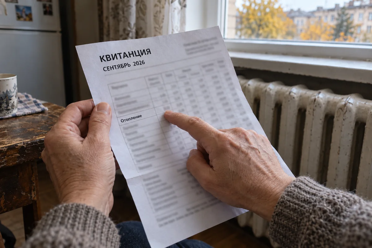Человек указывает на строку «Отопление» в квитанции за сентябрь 2026 года; сзади виден радиатор.